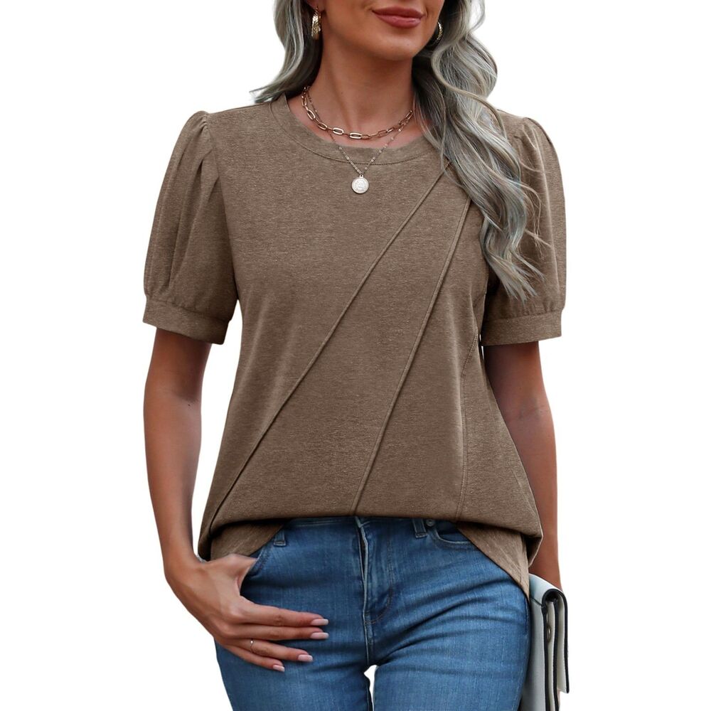 Trendy Short Sleeve Crewneck Pleated Coffee Shirt, Small, 12I-154T013